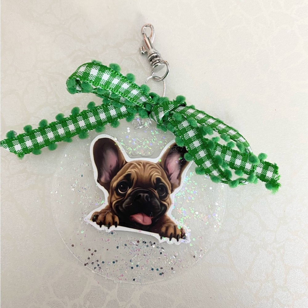 Green Bow French Bulldog purse charm or backpack charm